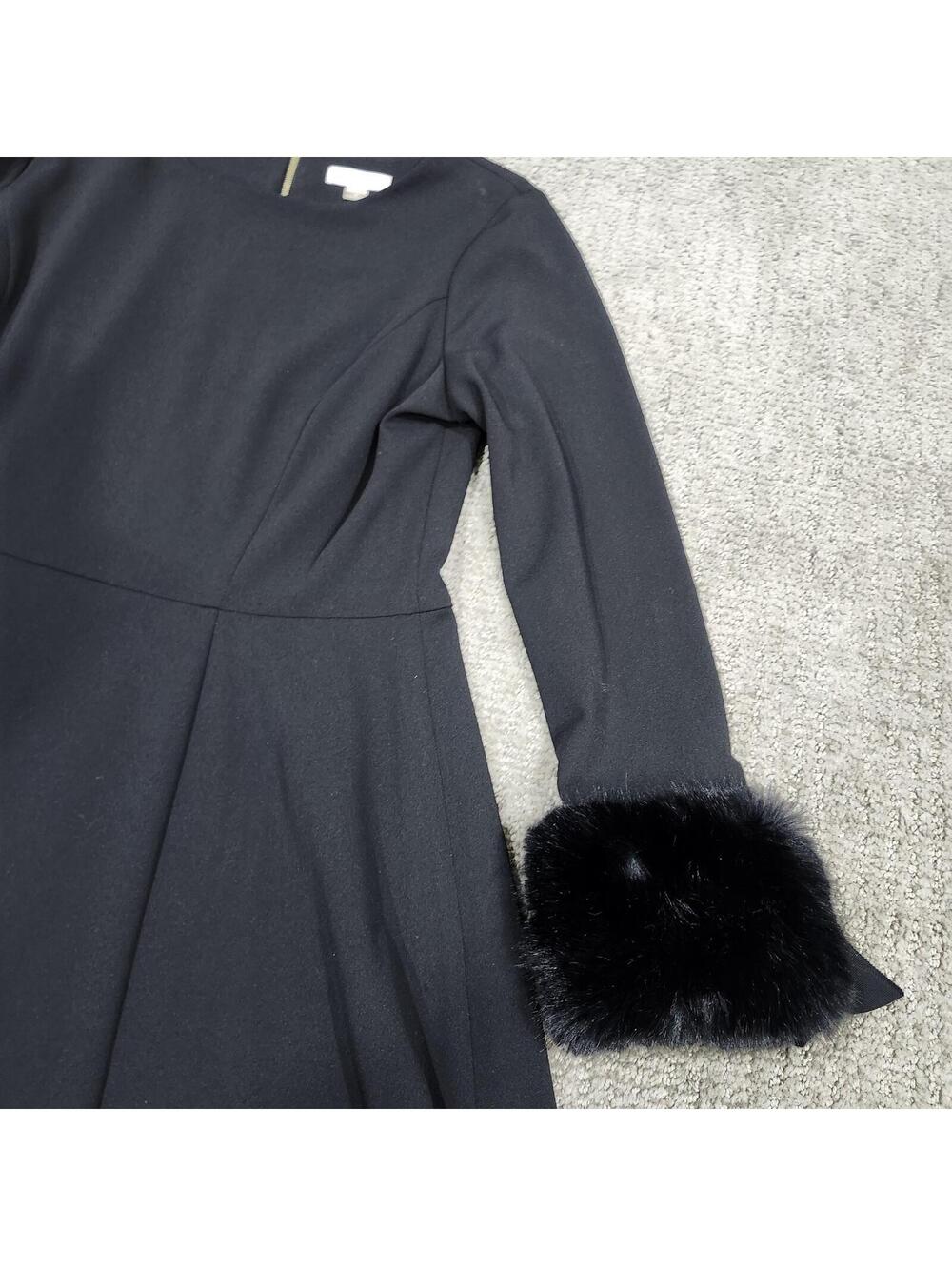 Calvin Klein Black Long Sleeve Fit and Flare Dress with Faux Fur Cuffs Size 16 - Picture 11 of 12